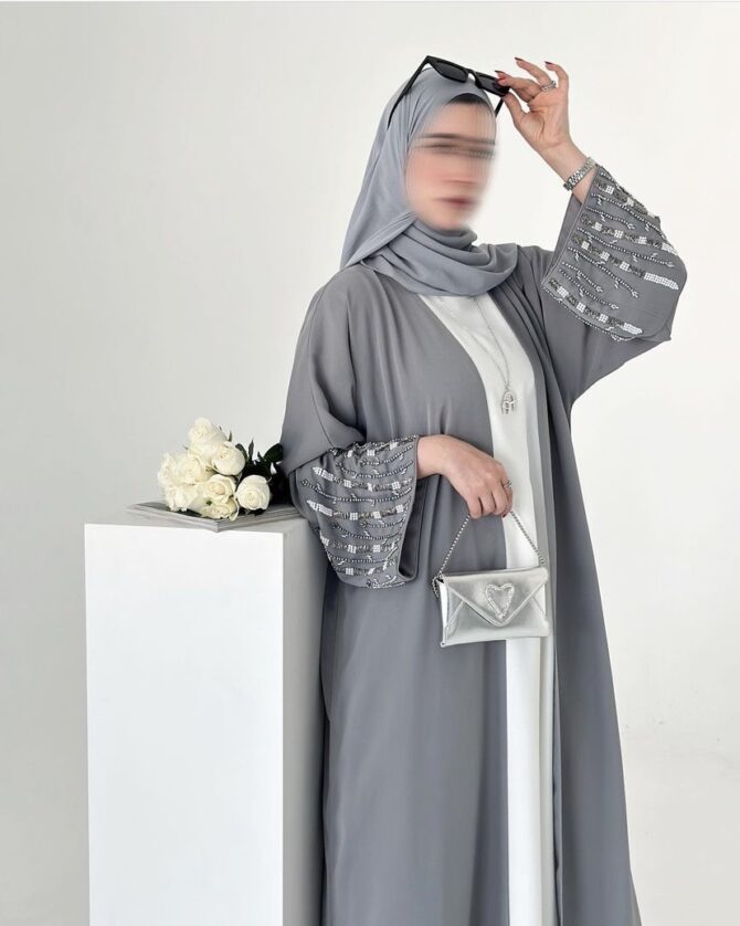 Grey Pearl Handwork Abaya